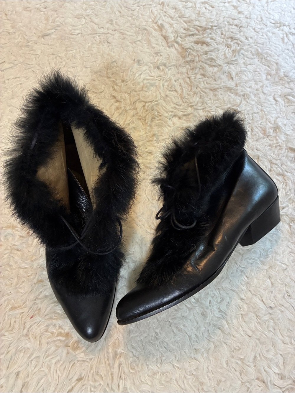 Charles Jourdan Fur Edged Lace Up Ankle Boots